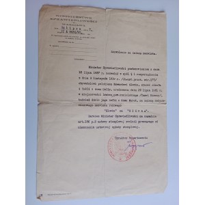 WARSZAWA MINISTERSTWO SPRAWIEDLIWIOŚCI ZEZWOLENIE NA ZMIANĘ NAZWISKA RODOWEGO PRZEDWOJENNE 1937 R, PIECZĄTKA