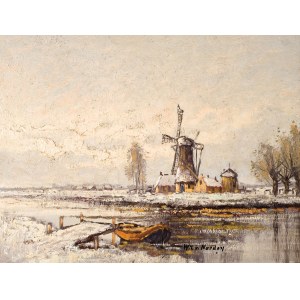 Wim van NORDEN , Holandská zimná krajina s veterným mlynom