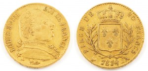 20 GOLD FRANCES, France, 1814, Louis VIII