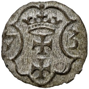 Denar 1573, Gdańsk, Bezkrólewie, kartusz z 7 łuków, RR.
