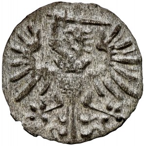 Denar 1573, Gdańsk, Bezkrólewie, kartusz z 7 łuków, RR.