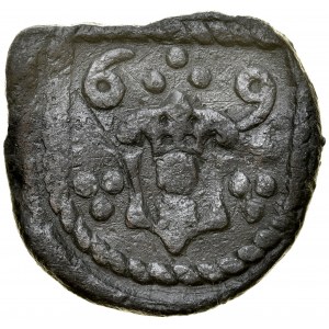 Gdańsk, Żeton 1569, A.: Renesansowy kartusz z herbem miasta Gdańska, w polu cyfry 6-9 oraz ozdobniki, Rv.: W polu cyfry 69 oraz ozdobniki.