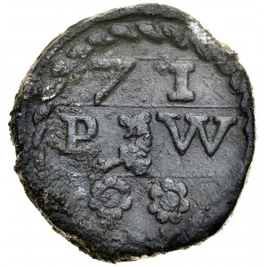 Gdańsk, Żeton 1571, A.: W polu cyfry 71, pod nimi litery P-W, między nimi półlewek, w trzeciej linii dwa kwiatki