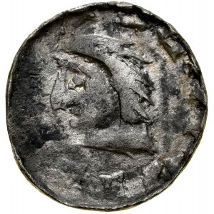 Władysław I Herman 1081-1102, Denar, Kraków, Av.: Mała głowa i silnie zredukowany napis otokowy, Rv.: Trzy kościelne wieże z krzyżami, napis otokowy, obwódka wewnętrzna.