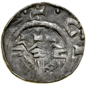 Władysław I Herman 1081-1102, Denar, Kraków, Av.: Mała głowa i silnie zredukowany napis otokowy, Rv.: Trzy kościelne wieże z krzyżami, napis otokowy, obwódka wewnętrzna.