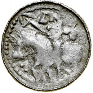 Bolesław Śmiały 1058-1079, Denar, typ książęcy, Av.: Mała głowa i napis otokowy, Rv.: Książe z włócznią na koniu, za nim ozdobny krzyżyk.