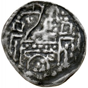 Bolesław Wstydliwy 1243-1279?, Denar jednostronny, Av.: Książe z proporcem na bramie.
