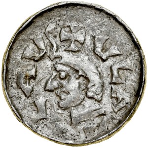 Władysław I Herman 1081-1102, Denar, Kraków, Av.: Mała głowa, napis otokowy: VLADISLAVS, Rv.: Trzy kościelne wieże z krzyżami, napis otokowy CRA..., obwódka wewnętrzna.