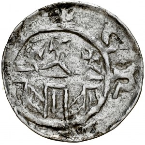 Władysław I Herman 1081-1102, Denar, Kraków, Av.: Mała głowa, napis otokowy: VLADISLAVS, Rv.: Trzy kościelne wieże z krzyżami, napis otokowy CRA..., obwódka wewnętrzna.