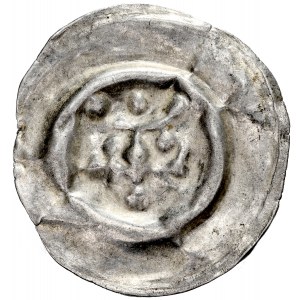 Brakteat guziczkowy II poł. XIII w., nieokreślona dzielnica, Av.: Głowa w koronie.