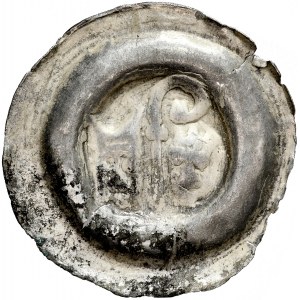 Button brakteat 2nd half of 13th century, unspecified district, Av.: Two heads, separated by a pastoral.