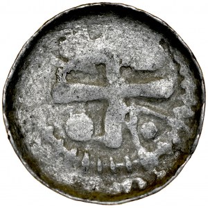 Denar krzyżowy XI w., Wrocław, Av.: Głowa św. Jana, Rv.: Krzyż prosty, między ramionami kropki, i trójkąty z kropką.