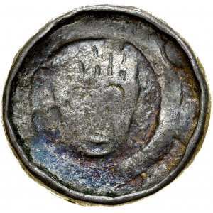 Denar krzyżowy XI w., Wrocław, Av.: Głowa św. Jana, Rv.: Krzyż krokwiasty.