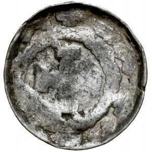 Denar krzyżowy XI w., Wrocław, Av.: Głowa św. Jana, Rv.: Krzyż krokwiasty.