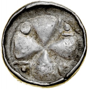 Denar krzyżowy XI w., Av.: Krzyż kawalerski, między ramionami kropki i trójkąty z kropkami, Rv.: Pastorał, w polu kropki.