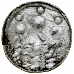 Bolesław Śmiały 1058-1079, Denar, typ królewski, Av.: Popiersie króla w koronie z kropek, w polu przed popiersiem miecz, za popiersiem trzy grube poziome kreski, Rv.: Trójkopułowa budowla, dwie boczne kule z dodatkowymi kreskami (jakby komety).