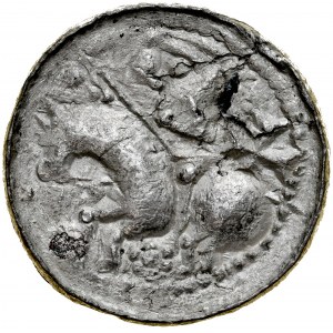 Bolesław Śmiały 1058-1079, Denar, typ książęcy, Av.: Mała głowa i napis otokowy, Rv.: Książe z włócznią na koniu, za nim ozdobny krzyżyk, pod koniem kwiatek.