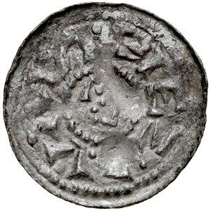 Bolesław Śmiały 1058-1079, Denar, typ książęcy, Av.: Mała głowa i napis otokowy, Rv.: Książe z włócznią na koniu, za nim ozdobny krzyżyk, pod koniem kwiatek.