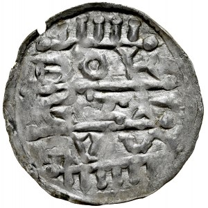 Bolesław IV Kędzierzawy 1146-1173, Denar, Av.: Cesarz w majestacie, w polu pionowo miecz, Rv.: Imię książęce w trzech wersach.