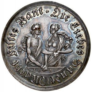Medal autorstwa Sebastina Dadlera z 1625 roku ku czci miłości i szacunku. Gdańsk. Av.: Para kochanków trzymających się za dłonie, w odcinku data 1625, napis otokowy, Rv.: Dwa gołębie, dookoła nich dwie splecione gałązki oliwne, napis otokowy, w polu syg