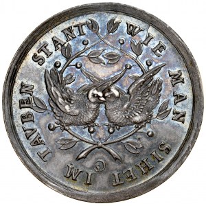 Medal autorstwa Sebastina Dadlera z 1625 roku ku czci miłości i szacunku. Gdańsk. Av.: Para kochanków trzymających się za dłonie, w odcinku data 1625, napis otokowy, Rv.: Dwa gołębie, dookoła nich dwie splecione gałązki oliwne, napis otokowy, w polu syg