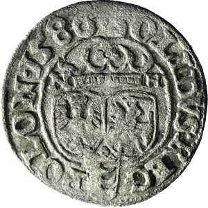 Stefan Batory, Szeląg 1586, Olkusz, N-H przy herbach