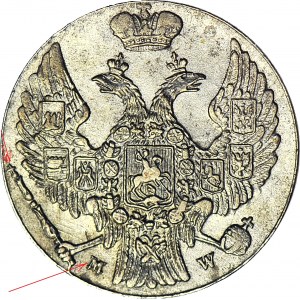 RR-, Königreich Polen, 10 Groszy 1840, doppelt geprägter Buchstabe M in MW