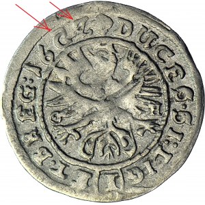 RRR-, Śląsk, Trzech Braci, 1 krajcar 1652, Brzeg, ornament, lustrzana 5 w dacie