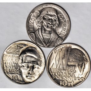 10 złotych 1967-68, Kopernik, Skłodowska, XXV. Lat Wojska, mennicze, zestaw 3 szt.