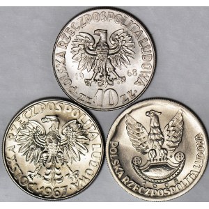 10 złotych 1967-68, Kopernik, Skłodowska, XXV. Lat Wojska, mennicze, zestaw 3 szt.