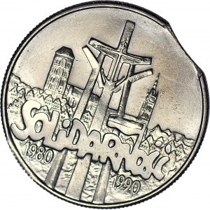 10.000 złotych 1990, Solidarność, podwójny DESTRUKT, skrętka i błąd wykrawania krążka