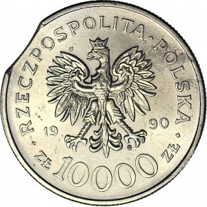 10.000 złotych 1990, Solidarność, podwójny DESTRUKT, skrętka i błąd wykrawania krążka