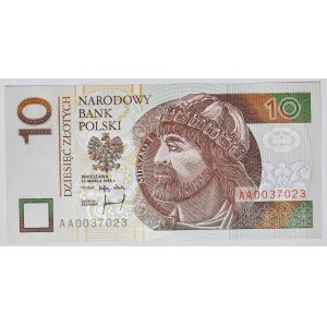 10 złotych 1994, druk TDLR Londyn, AA 0037023, dwa zera na początku