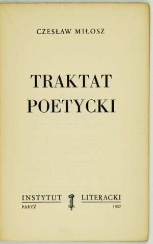 C. MILLOSZ - Poetic Treatise. 1957. first book edition.