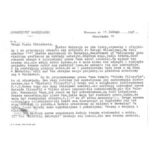 List maszynopisowy W. Tatarkiewicza, z jego podpisem, do Z. Najdera, dat. 15 II 1967 w Warszawie.