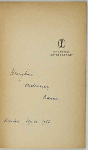 WŁODEK Adam - Lyrics and satires. 1956. dedication by the author.