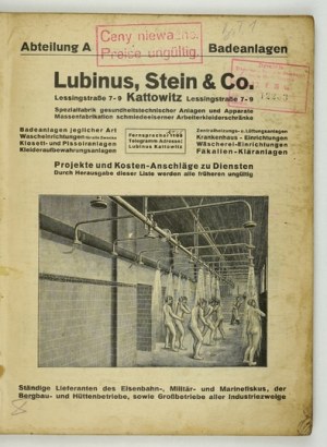 LUBINUS, Stein & Co., Kattowitz. [Catalog]. Kattowitz [ca 1910?]. 4, p. 168. brochure.