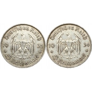 Germany Third Reich 5 Reichsmark 1934 A & 1935 D Potsdam Garrison Church Lot of 2 Coins