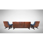 Vintage Sofa Set, Top rare an impressive set of a sofa and a pair of armchairs realized in curved plywood veneered in rosewood and fabric.