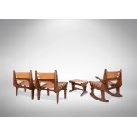 Vintage Dining Room Set, First Edition for Muebles De Estilo, Ecuador, Late 1950s.Original Top rare Vintage set of 2 chairs, 1 rocking chair, 1 footrest and 1 small table, first original edition late 1950s.Wood and leather