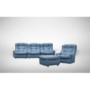 Set of Sofa, Armchair and Pouf, Original design artwork realized by Michel Cadestin for Airbone, France in 1970s. The set includes a 2 seats Sofa, an armchair and an Ottoman