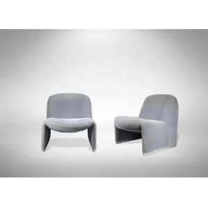 Pair of Alky Armchairs, Pair of armchairs made for Castelli in 1972 with brushed steel base, foam rubber upholstery, velvet cover.