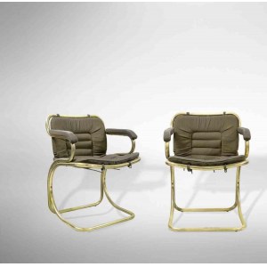 Set of two Cantilever chairs, A rare set of 3 chairs entirely in brass (very rare) and fabric upholstery, with upholstered arm pads