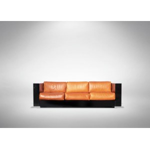 Saratoga Armchair, Saratoga armchair/sofa designed by Massimo and Lella Vignelli in lacquered wood and orange leather. Good condition apart from some scratches on the arms, particularly on the left arm, and on the lower edges.