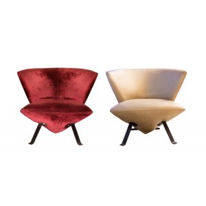 Jada Armchairs, A couple of armchair realized in velvet and leather. Yellow and red colored.