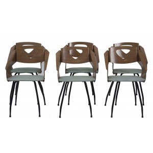 Set of six chairs, Six chairs in curved teak plywood, structure in metal rod.