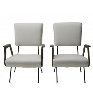 Pair of armchairs, armchairs with s tructure in painted metal and brass, wooden armrests, upholstery  covered in fabric