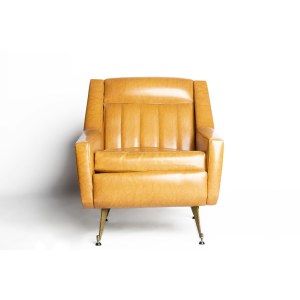 Vintage Italian armchair, Vintage eco-leather armchair with brass legs.