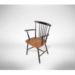 Set of six Fannett chairs, Set of six Fannett wooden dining chairs, teak seat; enamelled feet and backrests. Of these two have armrests.