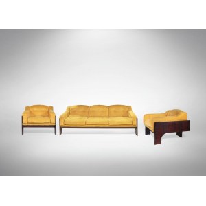 Living Room Set, Set da salotto anni '70 in palissandro e velluto giallo.